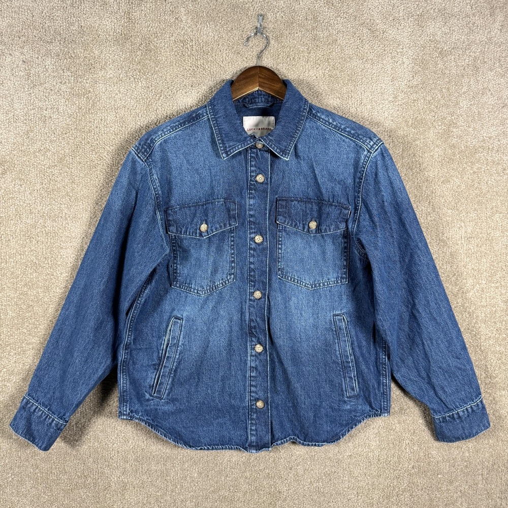 Lucky Brand Jean Jacket Womens Small Denim Shirt Shacket Heavy Pockets Button Up